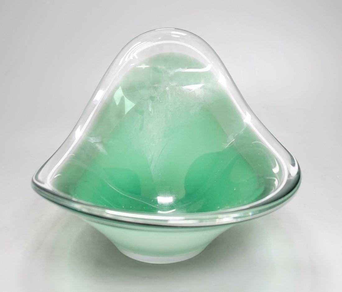 A Flygfors green and white cased glass bowl, signed, 30cm